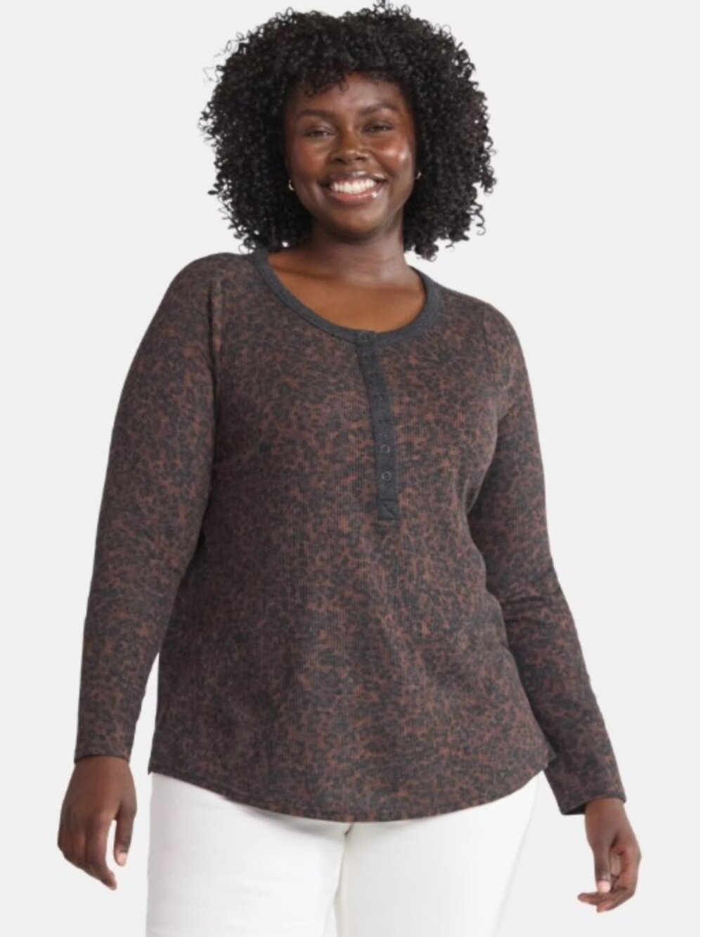 TERRA & SKY Women's Waffle Knit Henley Long Sleeve Brown Floral Thermal Top 4X